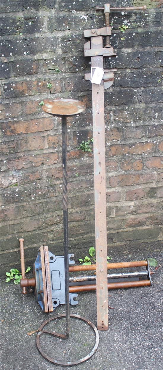 Wood vice, sash clamp & wrought iron candle stand